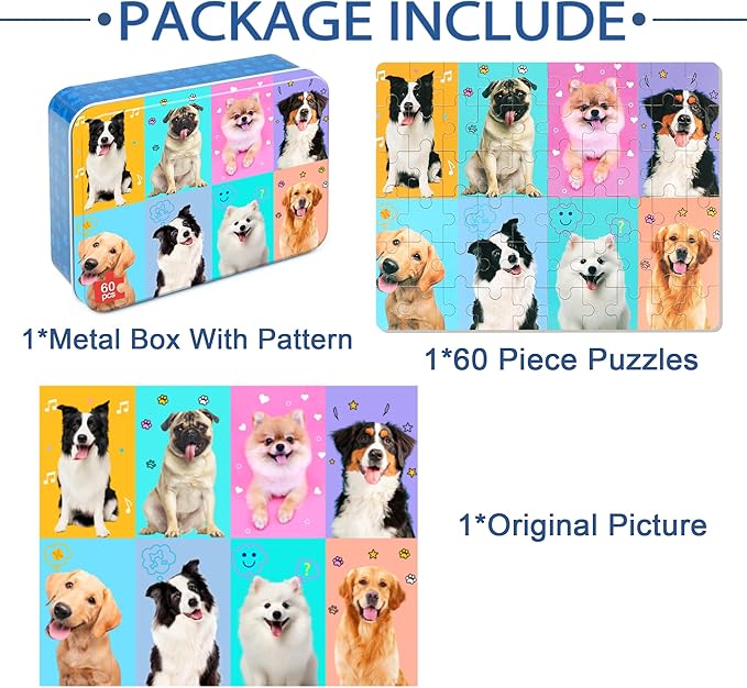 LELEMON Puzzles for Kids Ages 4-6,Dog 60 Piece Puzzles for Kids Ages 4-8,Children Jigsaw Puzzles Kids Puzzles in a Metal Box,Educational Learning Puzzle Toys for Girls and Boys