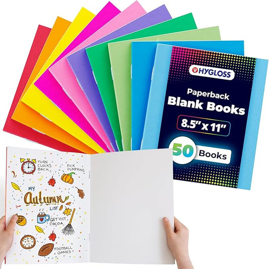 Hygloss Blank Books 8.5 x 11 Inches - 50 Pack - Assorted Colors Paperback for Drawing & Writing - Empty Books for Journaling, Sketching or Arts & Craft