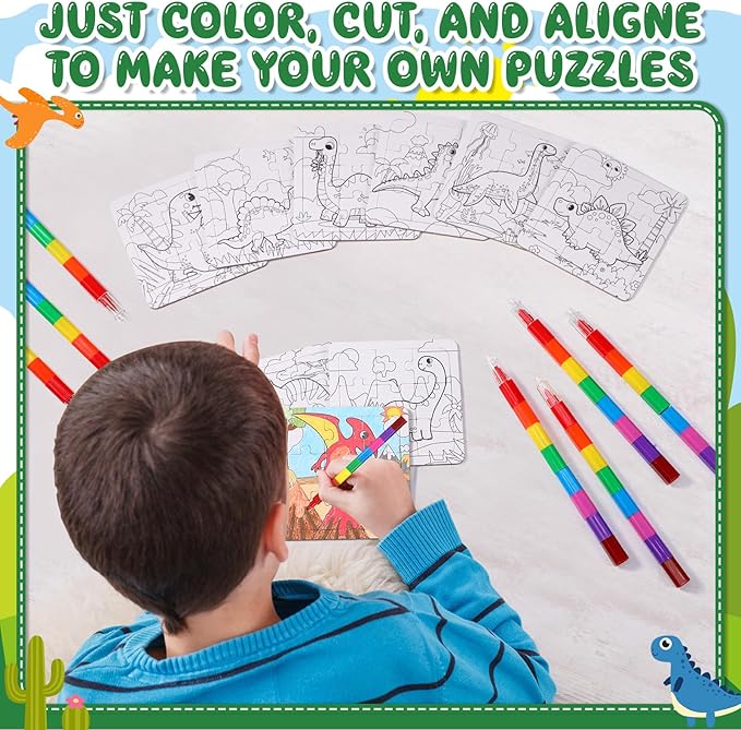 12 Sets Dinosaur Puzzles for Dinosaur Theme Color Your Own Puzzles DIY Dino Jigsaw Crafts with 12 Stackable Crayons and 12 Bags for Tropical Jungle Gifts Birthday Party Supplies Favors