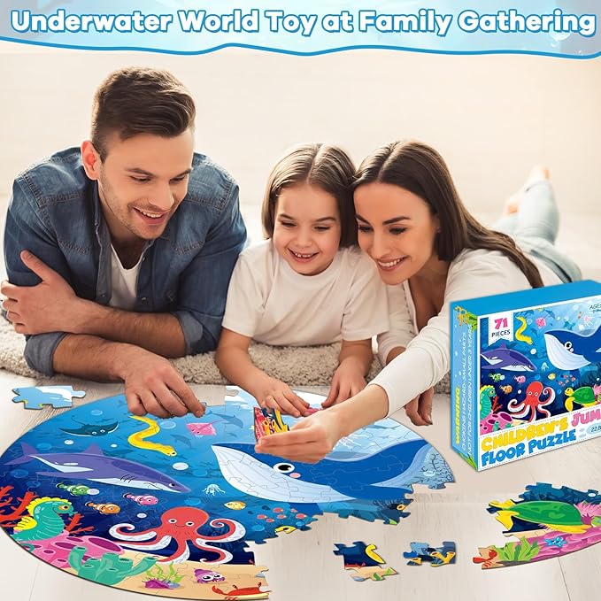 Puzzles for Kids Ages 4-8, 71 Piece Jumbo Large Underwater Ocean Floor Puzzle Sea Animals Shark Round Puzzles for Toddler Children 3-5 Educational Learning Toys for Boys Girls Birthday