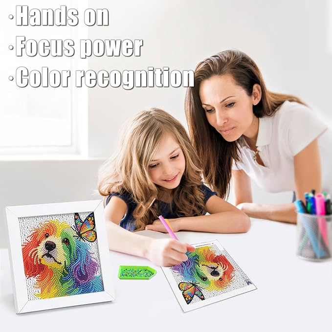 geesfayan Diamond Art Kits for Kids Ages 8-12,6 Inch DIY Gem Art Painting with 7 Inch Frame, Complete Starter Kit for Beginners, Creative Arts & Crafts Gift for Girls & Boys (Butterfly Dog)