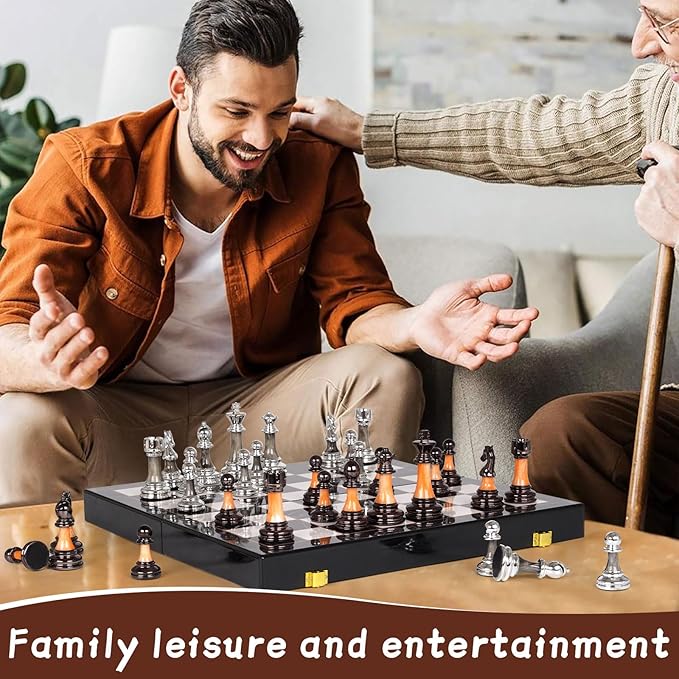 15" Large Chess Set for Adults and Kids With Weighted Acrylic Pieces, 3.5" King & Portable Folding Marbling Wooden Board - Travel Set, Family Board Game Gift, Elegant Classic Game