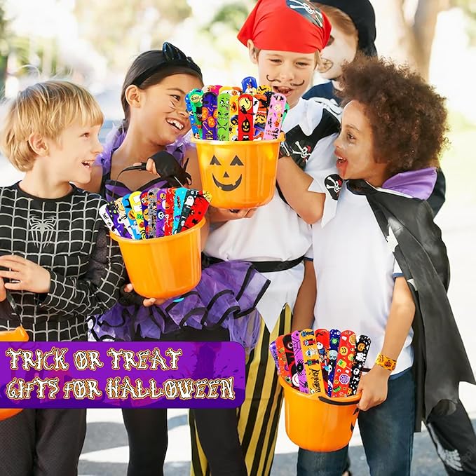 LUYI 144 PCS Halloween Slap Bracelets,Halloween Party Favors Supplies for Kids-108 Different Designs Bracelets Bulk for Halloween Decorations Treat Toys Bag Stuffers Gift for Kids Girls Boys