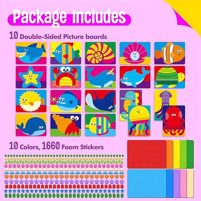 Foam Sticker Art Activity, 20 Marine Animals with 1660 Foam Stickers in 10 Colors Fun with DIY Activity Craft Kits Travel Game for Kids, Boys & Girls