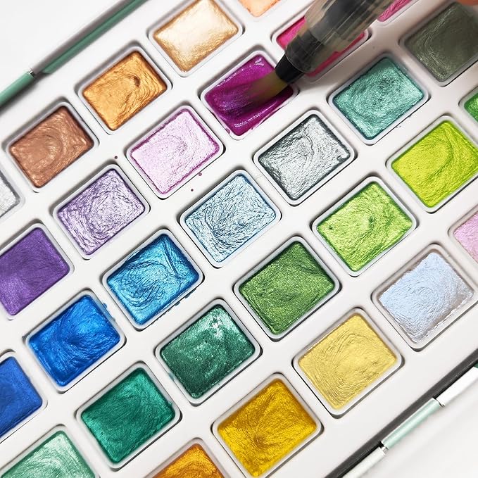 Artecho Metallic Watercolor Paints, 50 Glitter Watercolor Paint Set, Water Colors Paint Adult Set with Bottom Ring for Easy Holding, Ideal for Amateur Hobbyists, Painting Lovers and Artists