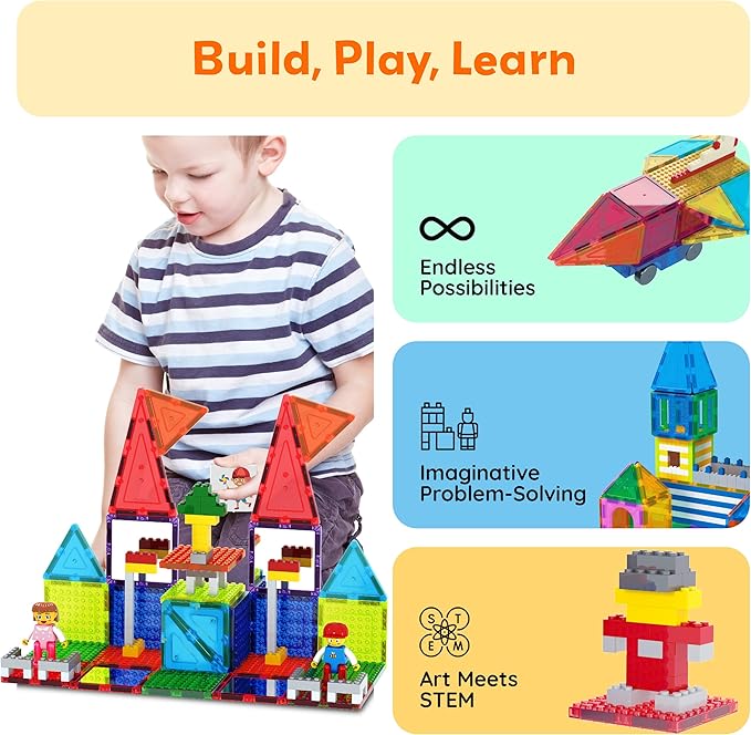 PicassoTiles Magnetic Brick Tiles STEM Creative Magnetic Tiles Building Block Set Building Brick Construction Toy Socket Spikes Toys Accessory Educational Imaginative Learning Kit Stacking Set