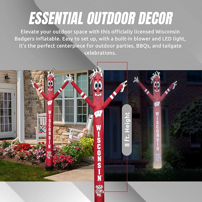 NCAA Wisconsin Football Wacky Waving Inflatable Tube Guy with LED Lights & Built-in Blower - 6" x 36" x 96" Inflatable Tube Man Crazy Sports Fan Outdoor Party Decoration