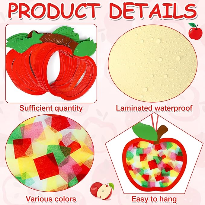 Qyeahkj 36 Set Fall Apple Suncatchers Crafts for Kids DIY Autumn Apple Window Tissue Paper Craft Kit Hanging Decor for Back to School Home Activity Art Project Birthday Party Favor Gift