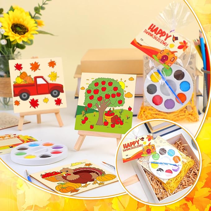 87 Pcs/12 Set Fall Thanksgiving Unfinished Wood Crafts Set Holiday Painting Gift Bulk Predrilled Wooden Ornaments Watercolor Paints with Cards Craft for Holiday Bags Party Supplies