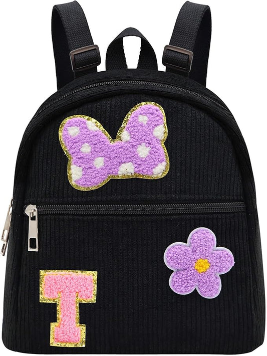 2 3 4 5 6 Year Old Girl Gifts Chenille Initial Mouse Bow Mini Backpack, Corduroy Toddler Backpacks Christmas Birthday Gifts for Girls 2-4 5-6, Black Mini Diaper Bag Must Haves for Park Travel Letter T