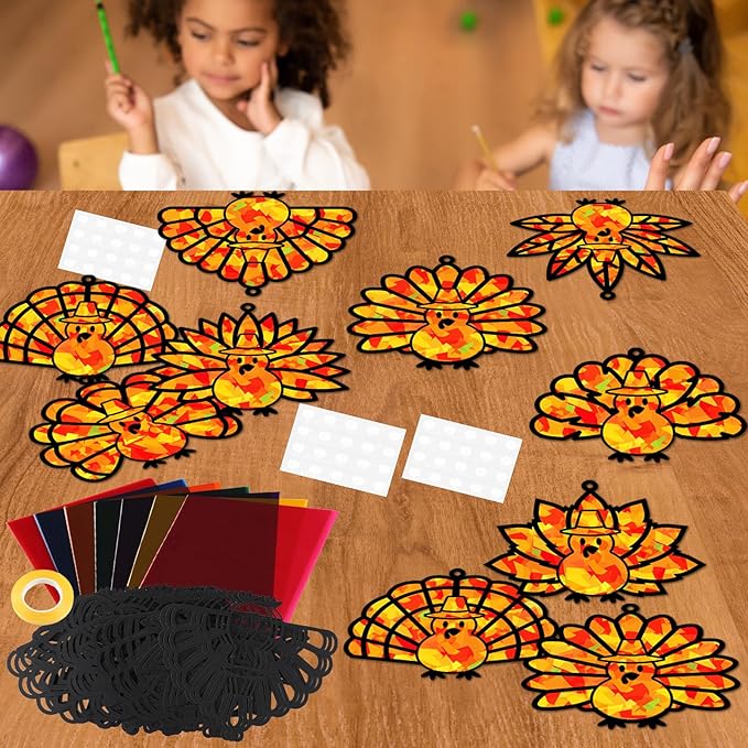 32 Sets Thanksgiving Turkey Suncatchers Craft Kit DIY Window Stained Glass Effect Thanksgiving Turkey Paper Crafts Home School Classroom Decoration Kid Birthday Gift Creative Art Project Activity Game