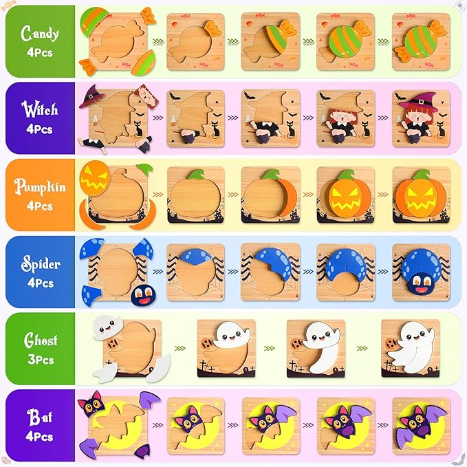 Halloween Wooden Puzzles Toys for Toddlers 1-3, for Baby Boys Girls, Halloween Toys for 1 2 3 Year Old Learning, Halloweens Party Favors for Kids, Trick or Treat Goodie Bag Fillers