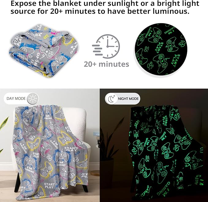 Wesan Gaming Gamer Glow in The Dark Blanket Boys Teens Gifts for Birthday Christmas Easter Video Game Gamepad Presents Fun Fluffy Plush Throw Gray 60"x80"