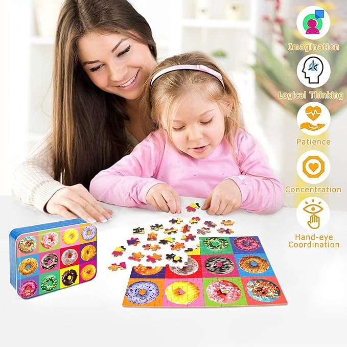 LELEMON Puzzles for Kids Ages 4-6,Donut 100 Piece Puzzles for Kids in a Metal Box, Educational Jigsaw Puzzles 100 Piece Puzzle Games Puzzle Toys for Girls and Boys