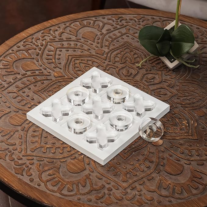 NIKKY HOME Acrylic Tic Tac Toe Wood Board Game Classic Coffee Table Decor Decorative Wooden Travel Game for Family, White