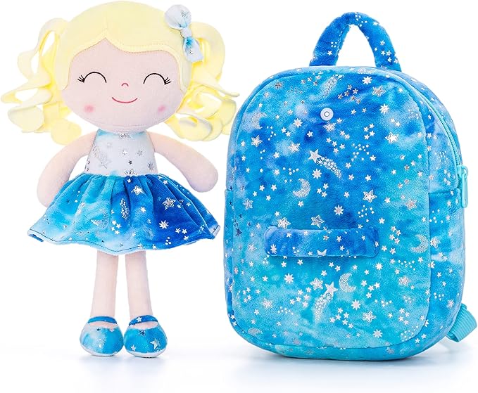 Gloveleya Toddler Backpack Baby Girl Gifts Plush Curly Girl Doll Backpacks Blue Dress with Glitter Stars 9 inches
