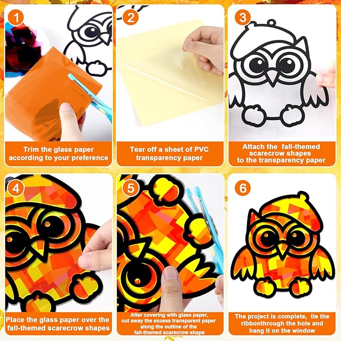 QOUBAI 32 Sets Fall Owl Suncatchers Craft Kit DIY Window Stained Glass Effect Autumn Owl Paper Crafts Home School Classroom Decoration Kid Birthday Gift Creative Art Project Activity Game