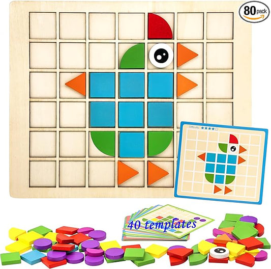 Activities for Dementia Patients, 80 Tiles Wooden Puzzle Games for Seniors, Colorful Shape Pattern Alzheimers Products for Elderly, Tile Matching Memory Cognitive Busy Board Gadgets Gifts