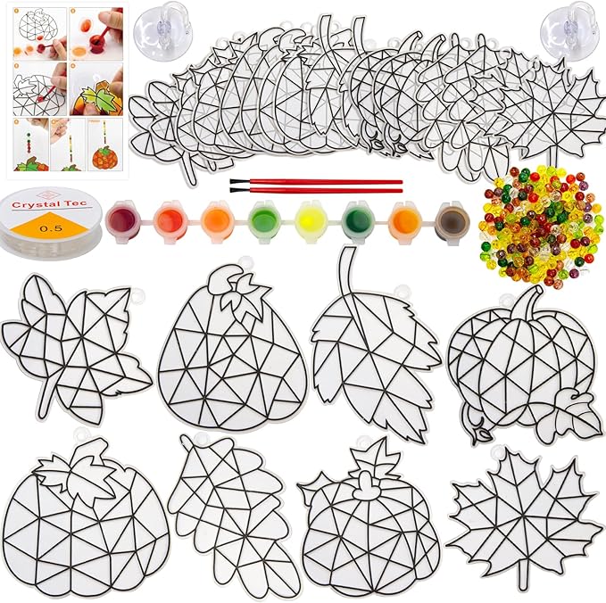 WorldBazaar Fall Suncatchers Craft Ornaments 24 Sets Pumpkin Window Art Suncatchers Decoration Thanksgiving Fall Harvest Classroom Activity Party Supplies