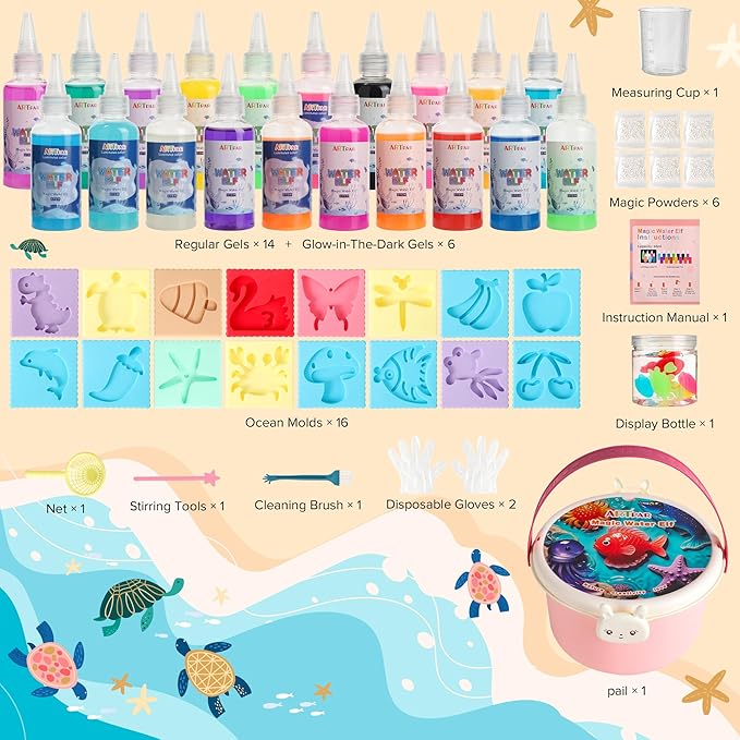 ARTPAR Water Elf Magic Gel Kit - 20 Colorful Gels + 16 Fantasy Molds - Non-Toxic Sensory Toys for Kids - Creative Arts & Crafts Project - Birthday Gifts for 5 6 7 8 9 10 Year Old Girls Boys