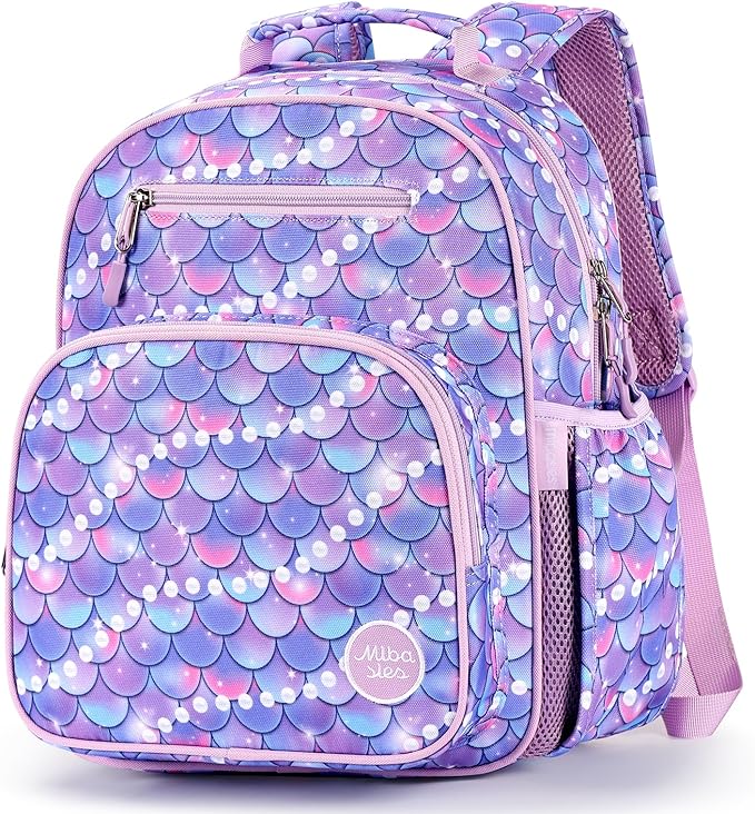 mibasies Kids Backpack for Girls: Girls Backpack 5-8 - Kindergarten Elementary School Bookbag for Girl - Fish scale Purple