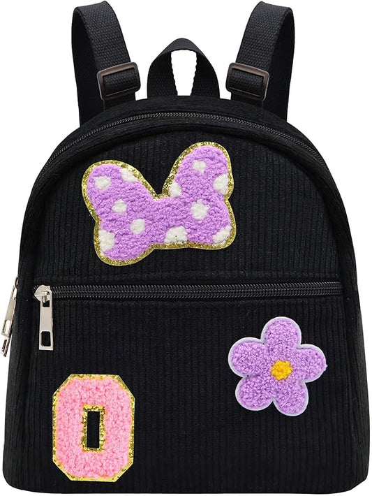 2 3 4 5 6 Year Old Girl Gifts Chenille Initial Mouse Bow Mini Backpack, Corduroy Toddler Backpacks Christmas Birthday Gifts for Girls 2-4 5-6, Black Mini Diaper Bag Must Haves for Park Travel Letter O