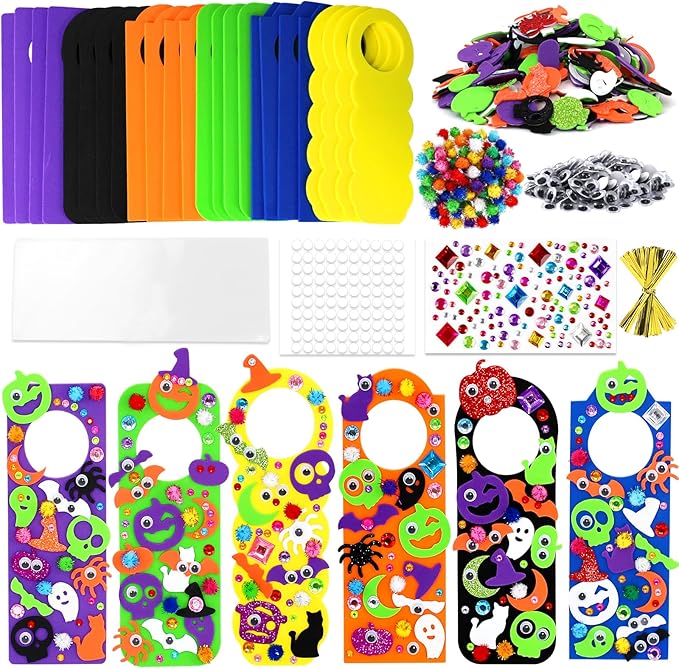 24 Set Halloween Craft Kits for Kids, DIY Halloween Doorknob Hanger Decorations Fall Arts & Crafts Supplies, Halloween Pumpkin Bat Ghost Monster Foam Stickers for Classroom Party Favors Activities