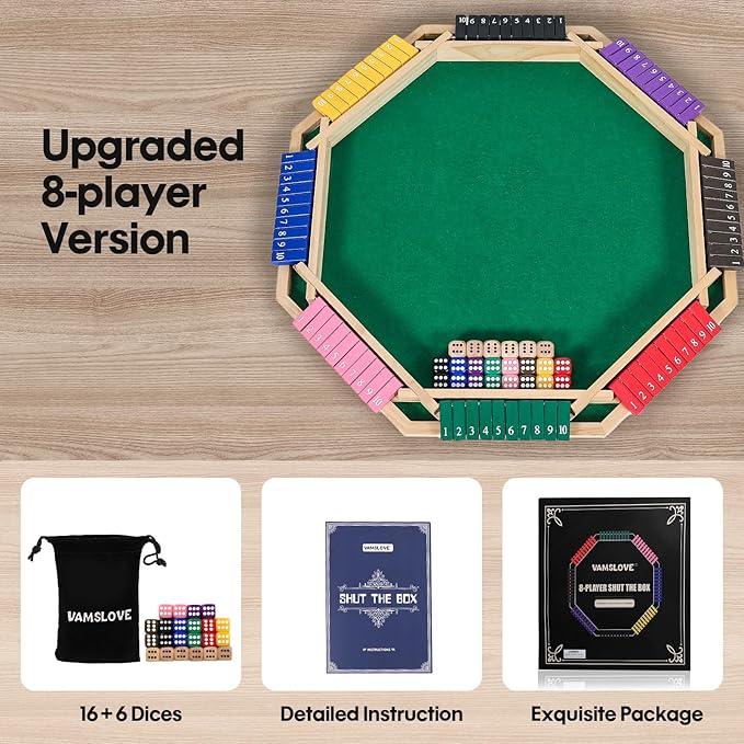 Vamslove Upgraded 2-8 Players Shut The Box Dice Game-Colorful 8-Way Wooden Board Table Math Game with 16 +6 Dices - Close The Box for Kids, Adults Families Party Club (Instruction Included)