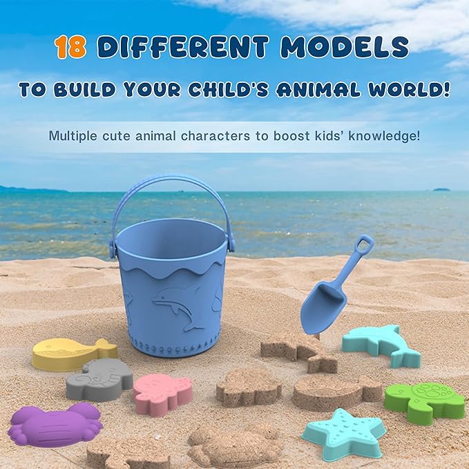 Baby Beach Toys, Sand Castle Building Kit with Silicone Bucket, Shovel & 16 Sand Molds - Travel Friendly Summer Sand Toys for Toddlers, Boys & Girls - Mesh Storage Bag, 18pcs Beach Vacation Essentials