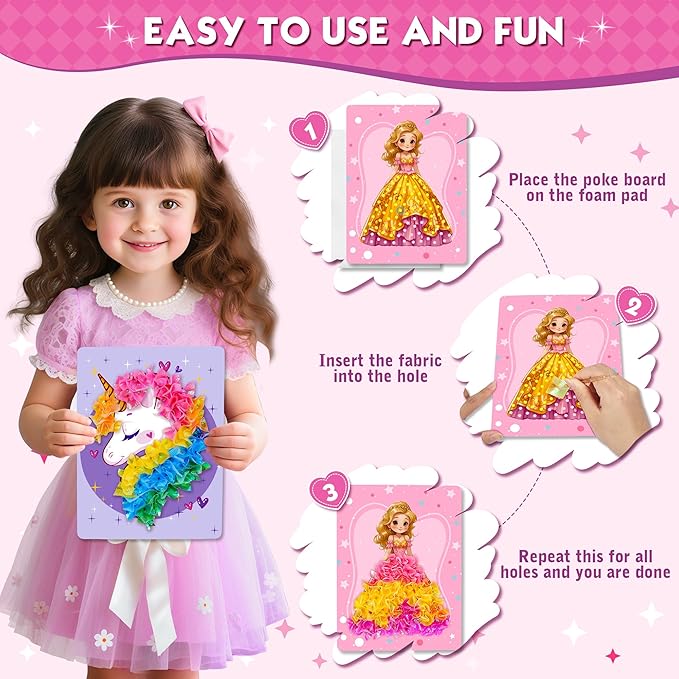 Poke Art Kit for Girls - No Mess Art Craft Activity, DIY Poke Hands Art for Kids, Creative Sensory Toy Set, Birthday Xmas Gifts for Ages 3 4 5 6-8 Year Old Girls Toys