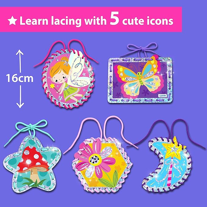 EZCRA Lacing Cards for Kids Ages 3-5 - 5 Pcs Fairy Theme with Colorful Laces - Craft Kit for Kids DIY Activity Set - Fine Motor Skills Toys and Preschool Learning Activities