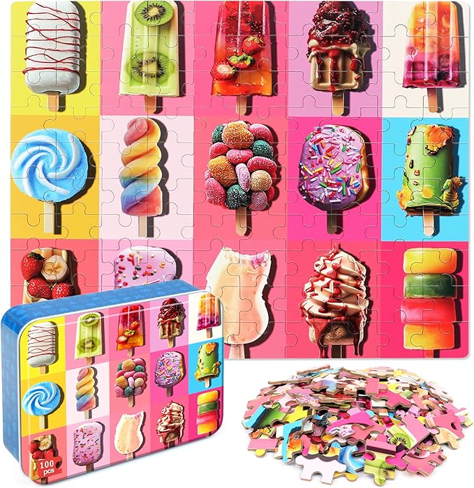 LELEMON Puzzles for Kids Ages 4-6,Popsicle 100 Piece Puzzles for Kids in a Metal Box, Educational Jigsaw Puzzles 100 Piece Puzzle Games for Girls and Boys