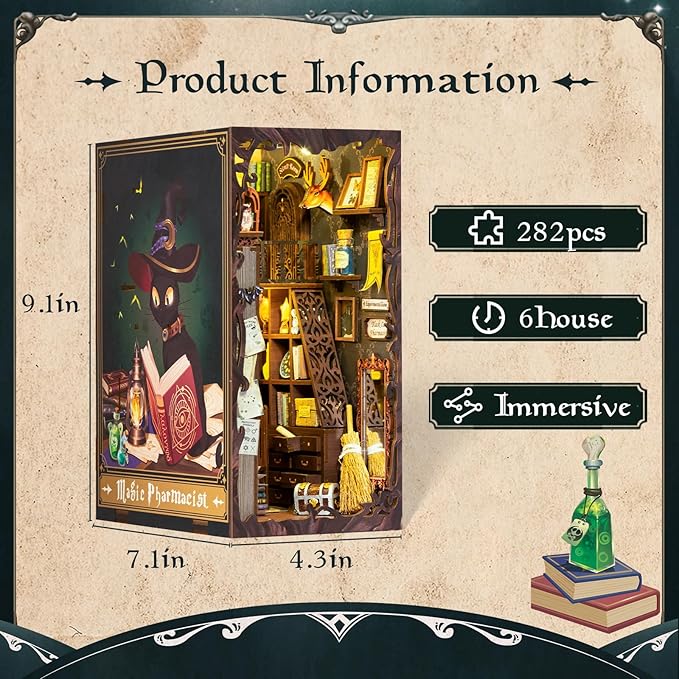 Fsolis Book Nook Kit, DIY Miniature Dollhouse Kit, 3D Wooden Puzzle for Adults, 282 Pieces, Bookshelf Decor Tiny House Mini Booknook Craft, Gifts for Women Teens and Puzzle Lovers (Magic Pharmacist)