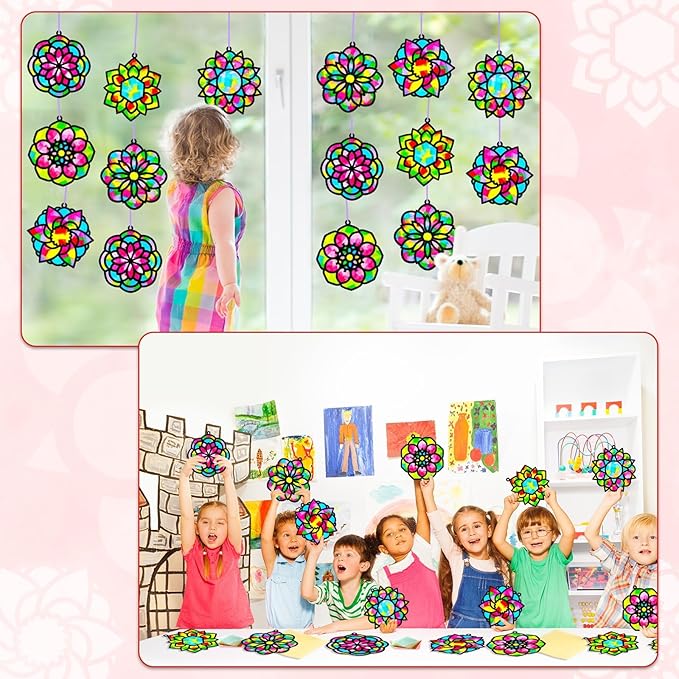 Qyeahkj 36 Set Mandala Suncatchers Crafts for Kids DIY Mandala Window Tissue Paper Craft Kit Art Flower Hanging Decor for Summer School Home Activity Art Project Birthday Party Favor Gift
