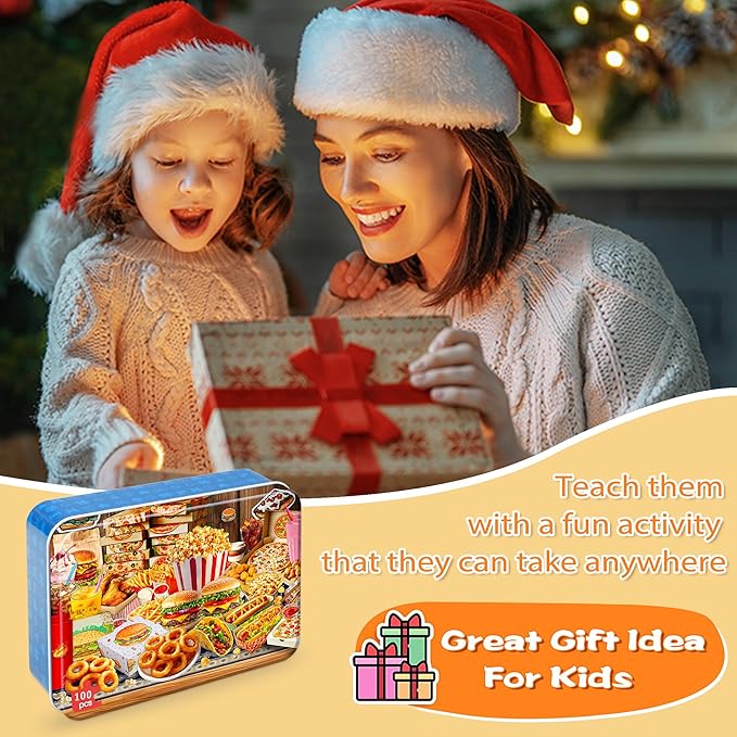 LELEMON Puzzles for Kids Ages 4-6,Hamburger Foods 100 Piece Puzzles for Kids Ages 4-8 in a Metal Box, Educational Jigsaw Puzzles 100 Piece Puzzle Games Puzzle Toys for Girls and Boys