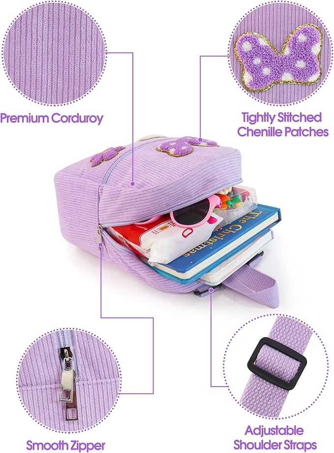 2 3 4 5 6 Year Old Girl Gifts Chenille Initial Mouse Bow Mini Backpack, Corduroy Toddler Backpacks Christmas Birthday Gifts for Girls 2-4 5-6, Purple Mini Diaper Bag Must Haves for Park Travel W