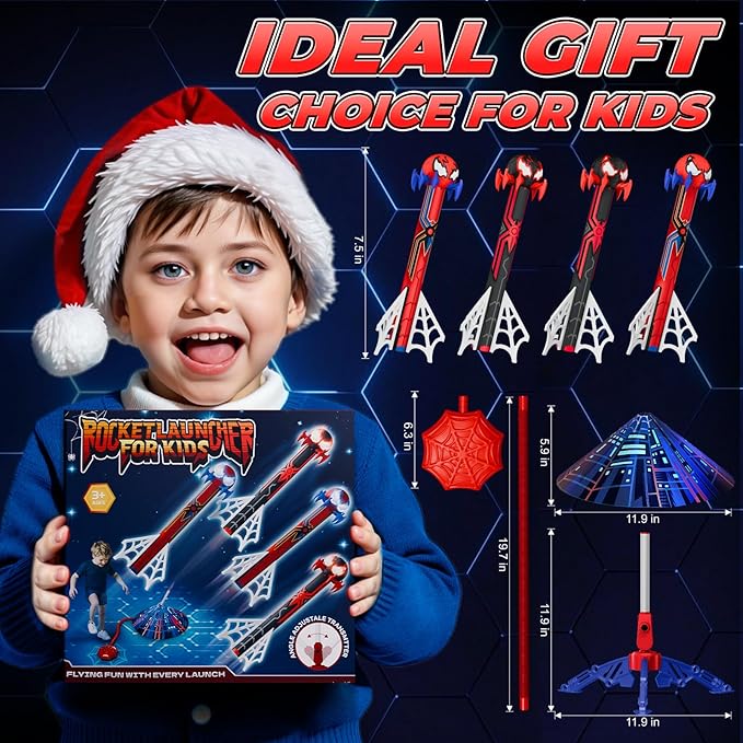 Spider Rocket Launcher for Kids, 4 Spider Rockets with Web Air Pump, Stomping Launch up Toys, Outdoor Outside Spider Toys Gifts for 3 4 5 6 7 8 9 10 Year Old Boys Girls Age 3-4 4-6 6-8 Birthday Gift