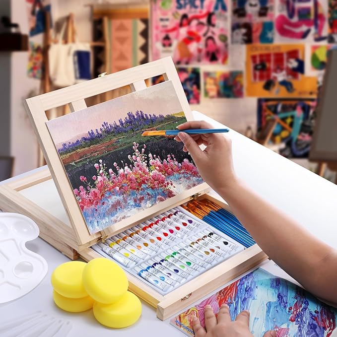 54 Pieces Acrylic Paint Set with Tabletop Easel Stand, Complete Starter Painting Art Supplies with Acrylic Paints, Canvases, Sketch Pads, Brushes and Palette for Adults Teens Kids Beginners