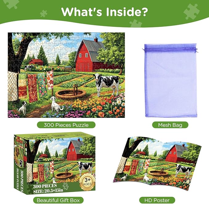 300 Piece Puzzles for Adults,Farm Puzzle 300 Pieces,Summer Cow Jigsaw Puzzles 300 Piece for Adults Children Seniors,Challenging Puzzles Family Activity Game Nights Gift Toy 20.5x15 in