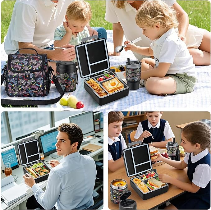 Bento Lunch Box for Kids with 17oz Soup Thermo,Insulated Tumbler Water Bottle and Insulated Lunch Bag,Leak-Proof 3 Compartment Lunch Food Container with with Ice Pack for Kids to School-Game Console
