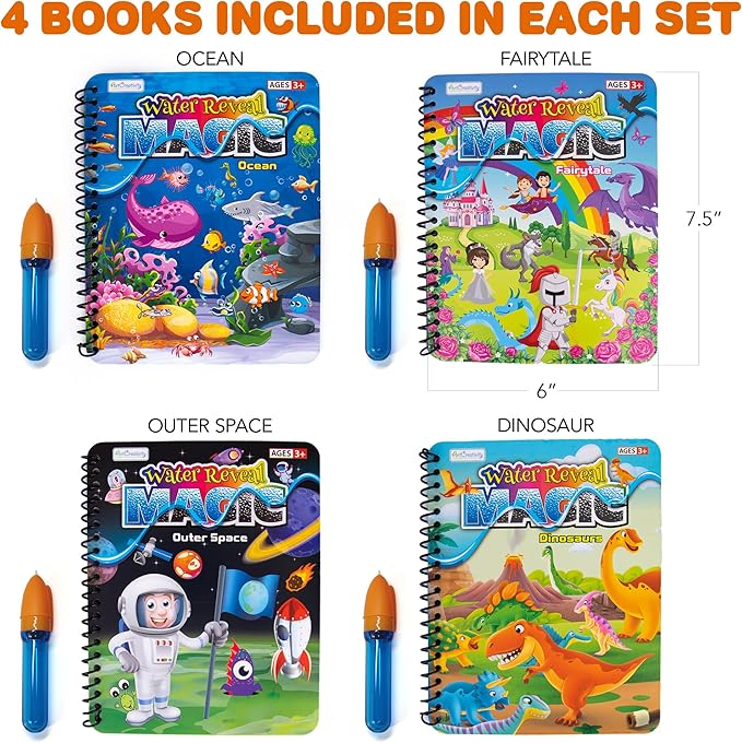 ArtCreativity 4 Pack Magic Water Coloring Books for Toddlers, Reusable Magic Water Pen Coloring Books for Kids - Mess Free Water Art Book for Toddlers - Travel Activity Toys, No-Mess Coloring