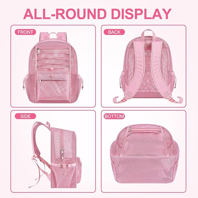 Mesh Backpack Heavy Duty for School, 24L Large Mesh Bookbag for Adults, Black School Bag with Comfort Padded Straps for Work Swimming Beach Fitness Sport(Pink)