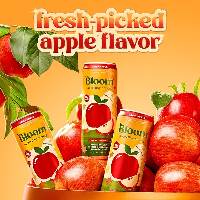 Bloom Nutrition Sparkling Energy Drink - Natural Caffeine, Zero Sugar, 180mg Caffeine - Antioxidant-Rich with Green Coffee Bean, Green Tea Extract, Prebiotics - Crisp Apple - 12oz 12 Pack