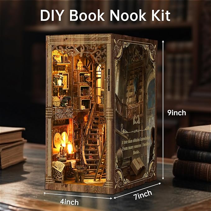 Book Nook Kit - DIY Enchanted Cottage Miniature House for Adults & Teens, 3D Wooden Puzzle Booknook with LED Lights, Bookshelf Insert Decor & Creative Model Building(Antique Books Collection Room)