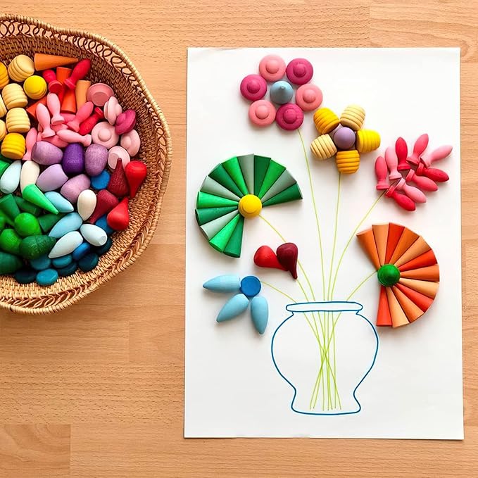 MIKNEKE 81 Wooden Loose Parts Sensory Bin Filler Toys, Mandala Rainbow Stacker Open Ended Toys, 27 Colors Sensory Training Educational Toys