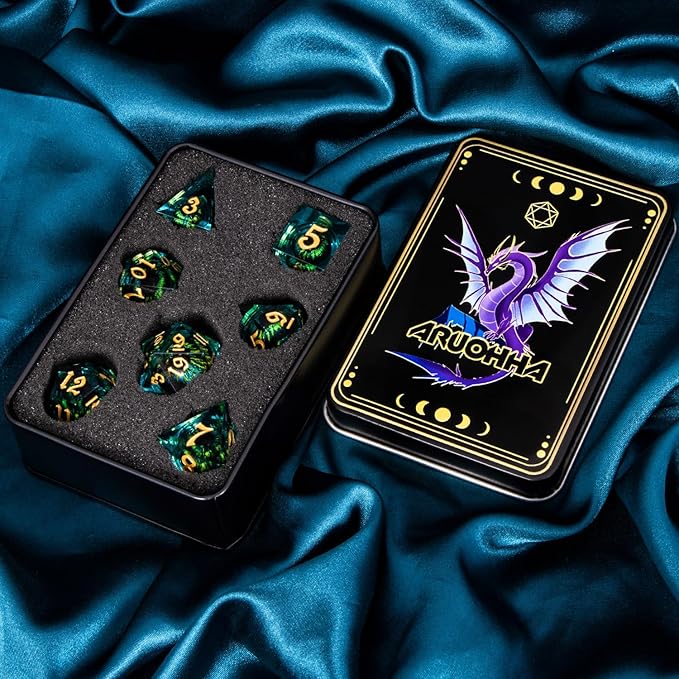 ARUOHHA DND Resin Dice Dragon Eye Dice Liquid Core Red Sharp Edged Dice Set with Gift Box, Polyhedral D and D Dice Set Role Playing Game D20 D12 D10 D8 D6 D4