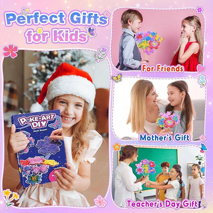 MDINGTD Toys for 4 5 6 7 8+ Year Old Girls, Poke Art Flower Bouquet with 8 Flowers & 2 Butterflies Arts and Crafts for Girls Ages 4-12 DIY Creative Activity Birthday Xmas Gifts Craft Kits
