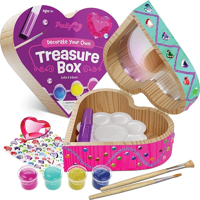Pretty Me Paint Your Own Wooden Kids Heart Treasure Box Kit - Basket Stuffers - Art Kits for Toddler Girl - Arts and Craft Gifts for Ages 4-6 Year Old Girls - DIY Jewelry - Toys - Crafts Painting Gift