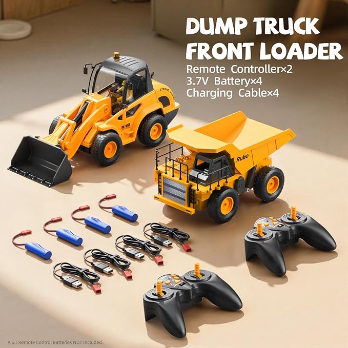 Ruko 1560 Construction Toy Set, Remote Control Dump Truck and Front Loader, 9 Channel RC Vehicles with Realistic Lights for Outdoor Sandbox Play, Gifts for Kids