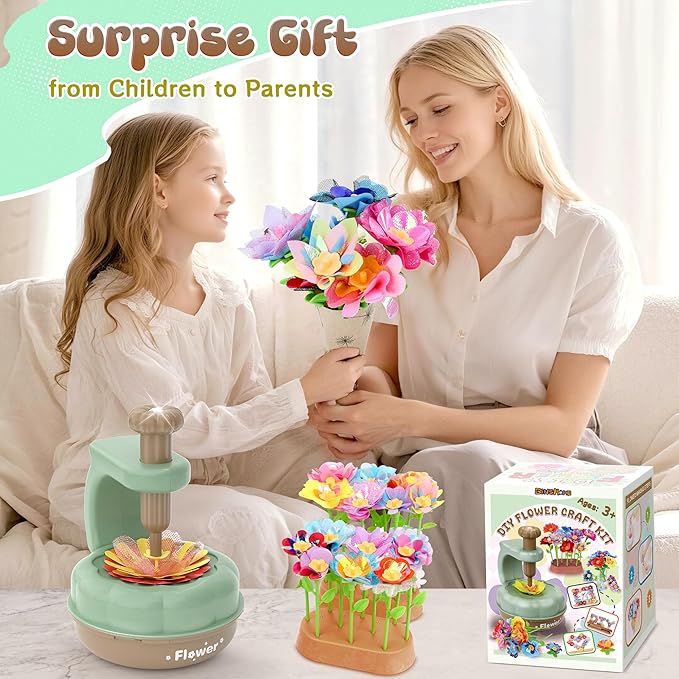 GirlsHome 300+PCS Fabric Flower Bouquets Toys, DIY Flower Crafts Kits for Kids, Arts and Crafts for Kids Ages 6-8 Girls, Build Flower Bouquet, STEM Educational Toy Preschool Gifts (Green Brown)